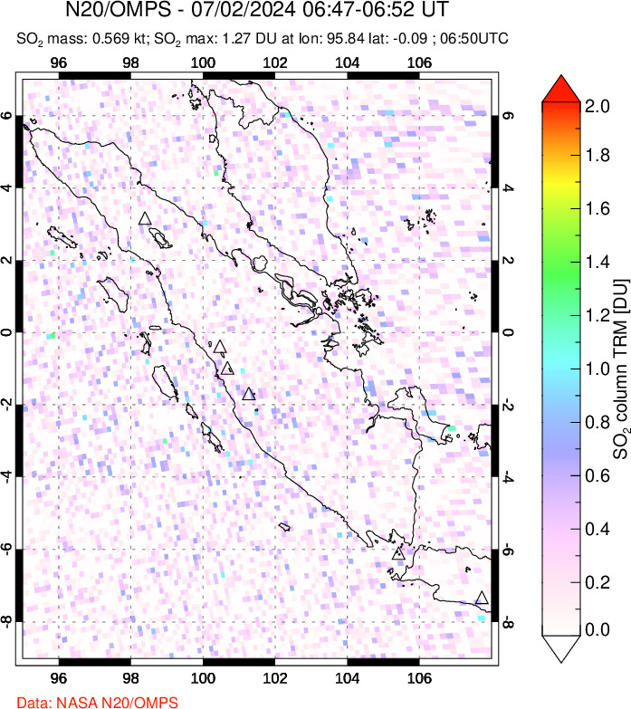 A sulfur dioxide image over Sumatra, Indonesia on Jul 02, 2024.