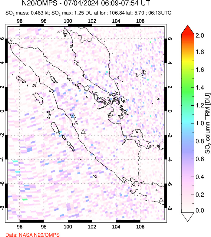 A sulfur dioxide image over Sumatra, Indonesia on Jul 04, 2024.