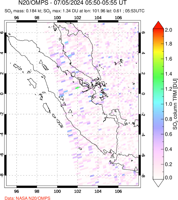 A sulfur dioxide image over Sumatra, Indonesia on Jul 05, 2024.