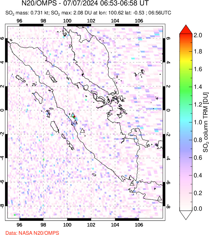 A sulfur dioxide image over Sumatra, Indonesia on Jul 07, 2024.