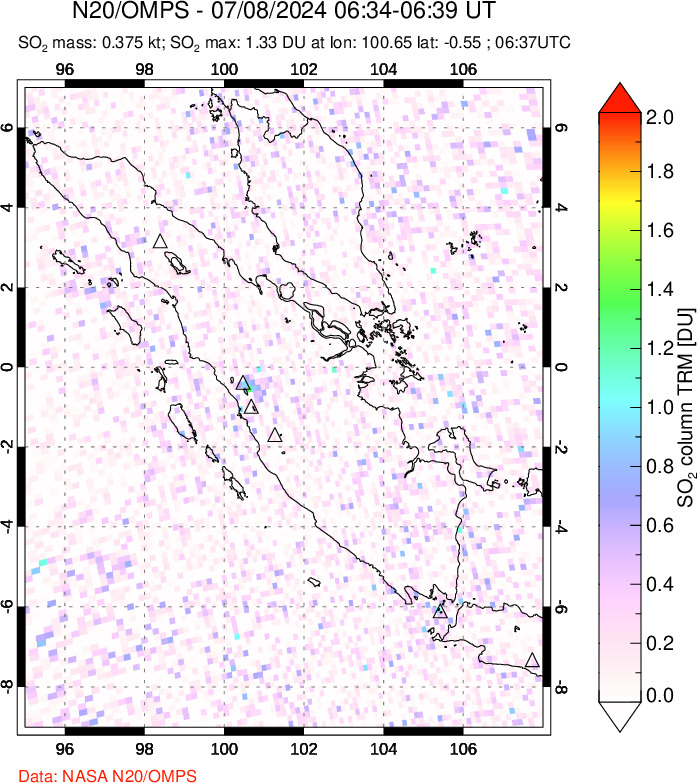 A sulfur dioxide image over Sumatra, Indonesia on Jul 08, 2024.