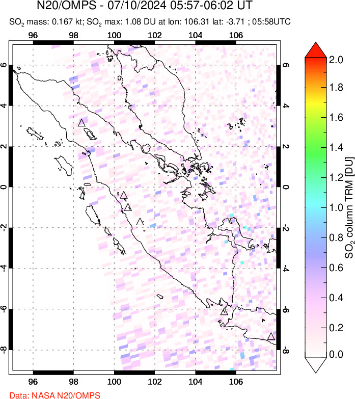 A sulfur dioxide image over Sumatra, Indonesia on Jul 10, 2024.