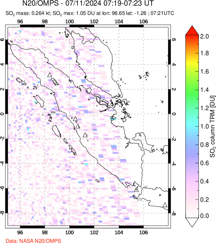 A sulfur dioxide image over Sumatra, Indonesia on Jul 11, 2024.