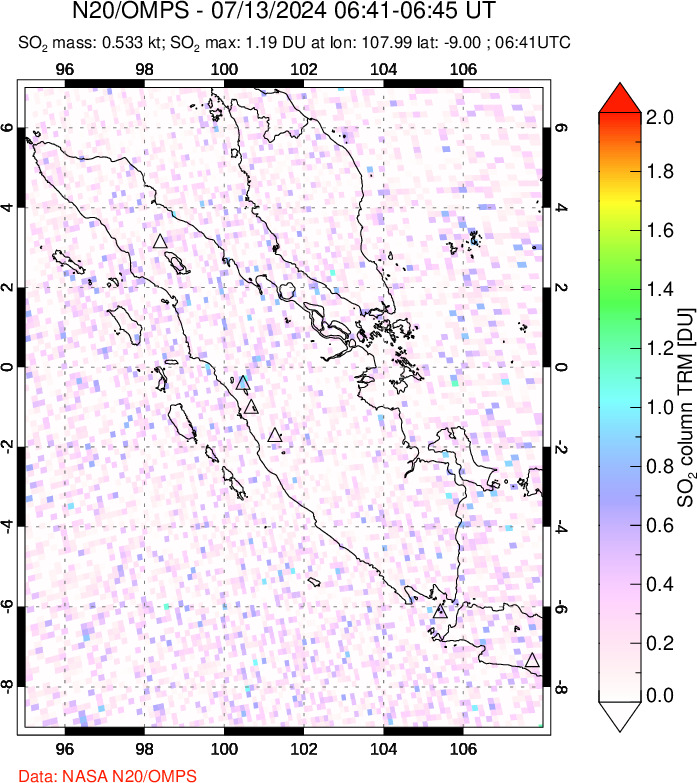 A sulfur dioxide image over Sumatra, Indonesia on Jul 13, 2024.