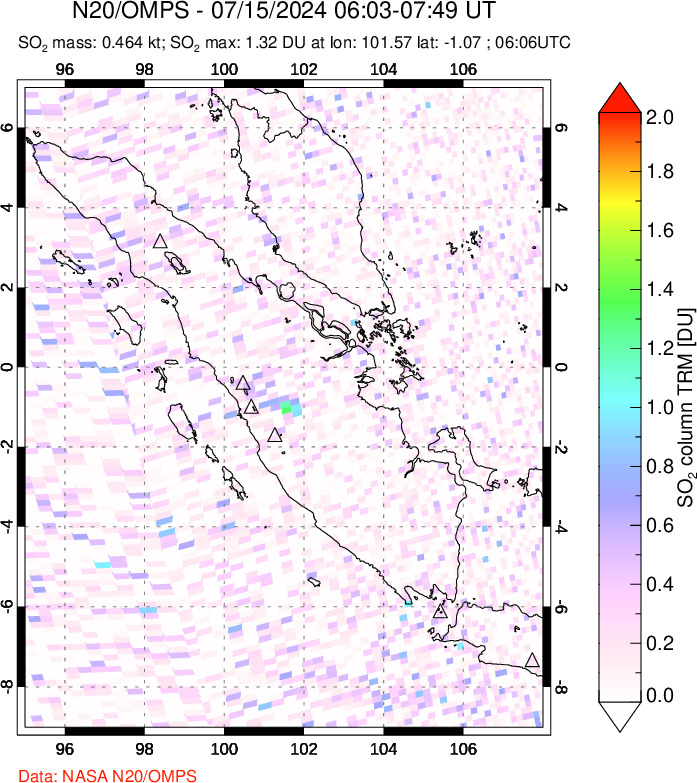 A sulfur dioxide image over Sumatra, Indonesia on Jul 15, 2024.