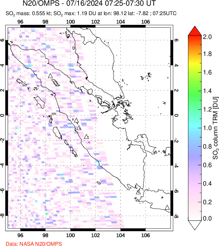 A sulfur dioxide image over Sumatra, Indonesia on Jul 16, 2024.