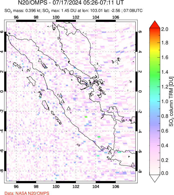 A sulfur dioxide image over Sumatra, Indonesia on Jul 17, 2024.