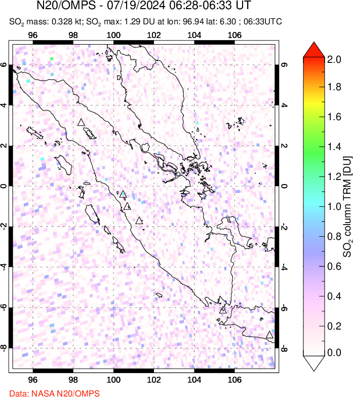 A sulfur dioxide image over Sumatra, Indonesia on Jul 19, 2024.