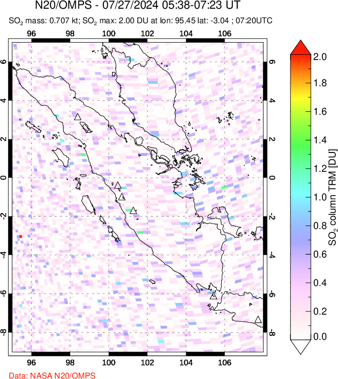 A sulfur dioxide image over Sumatra, Indonesia on Jul 27, 2024.