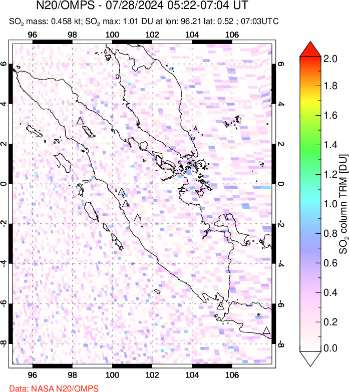 A sulfur dioxide image over Sumatra, Indonesia on Jul 28, 2024.