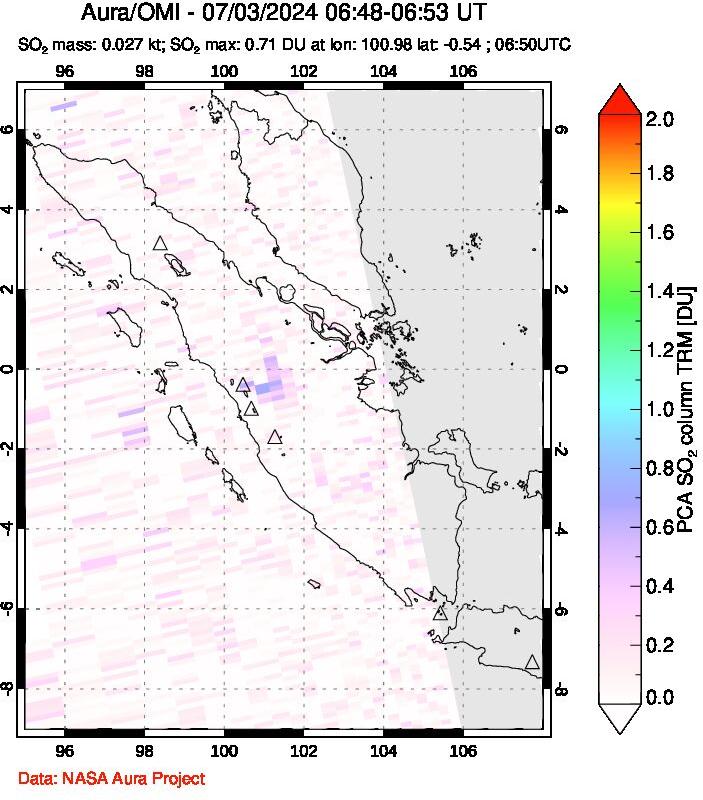 A sulfur dioxide image over Sumatra, Indonesia on Jul 03, 2024.