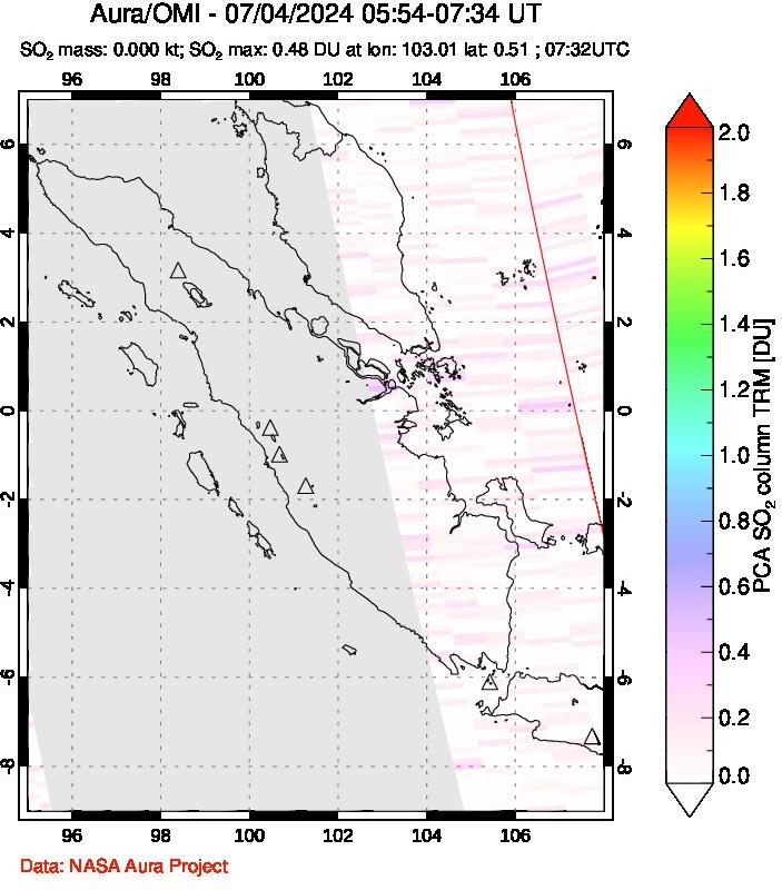 A sulfur dioxide image over Sumatra, Indonesia on Jul 04, 2024.