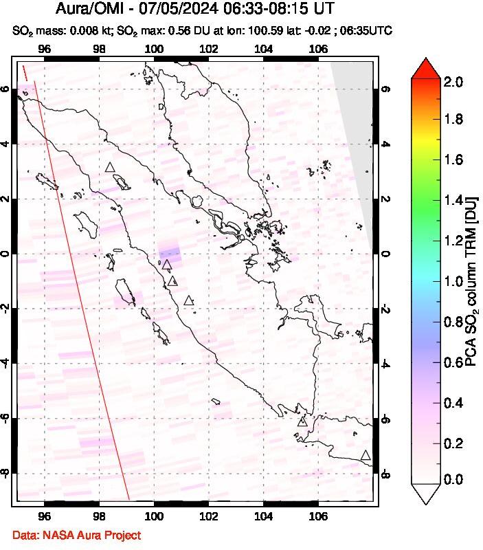 A sulfur dioxide image over Sumatra, Indonesia on Jul 05, 2024.