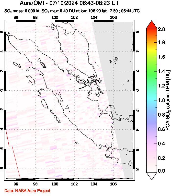 A sulfur dioxide image over Sumatra, Indonesia on Jul 10, 2024.