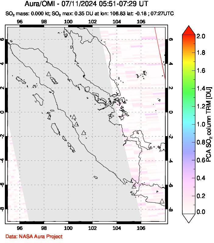 A sulfur dioxide image over Sumatra, Indonesia on Jul 11, 2024.