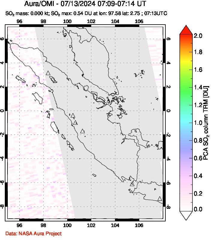 A sulfur dioxide image over Sumatra, Indonesia on Jul 13, 2024.