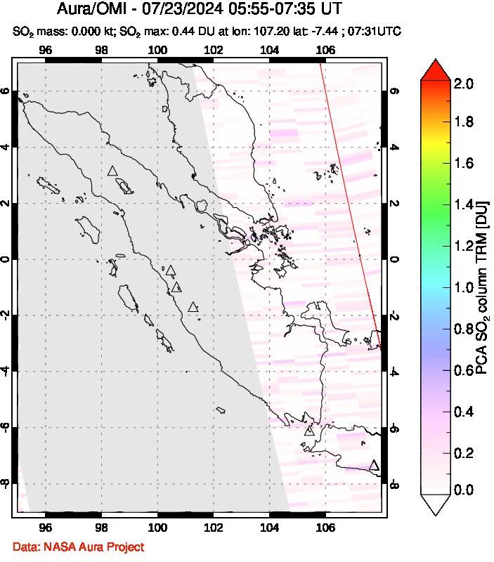 A sulfur dioxide image over Sumatra, Indonesia on Jul 23, 2024.