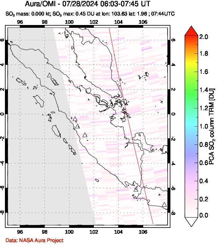 A sulfur dioxide image over Sumatra, Indonesia on Jul 28, 2024.