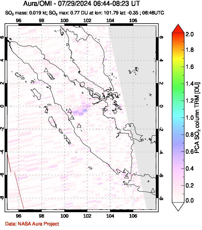 A sulfur dioxide image over Sumatra, Indonesia on Jul 29, 2024.