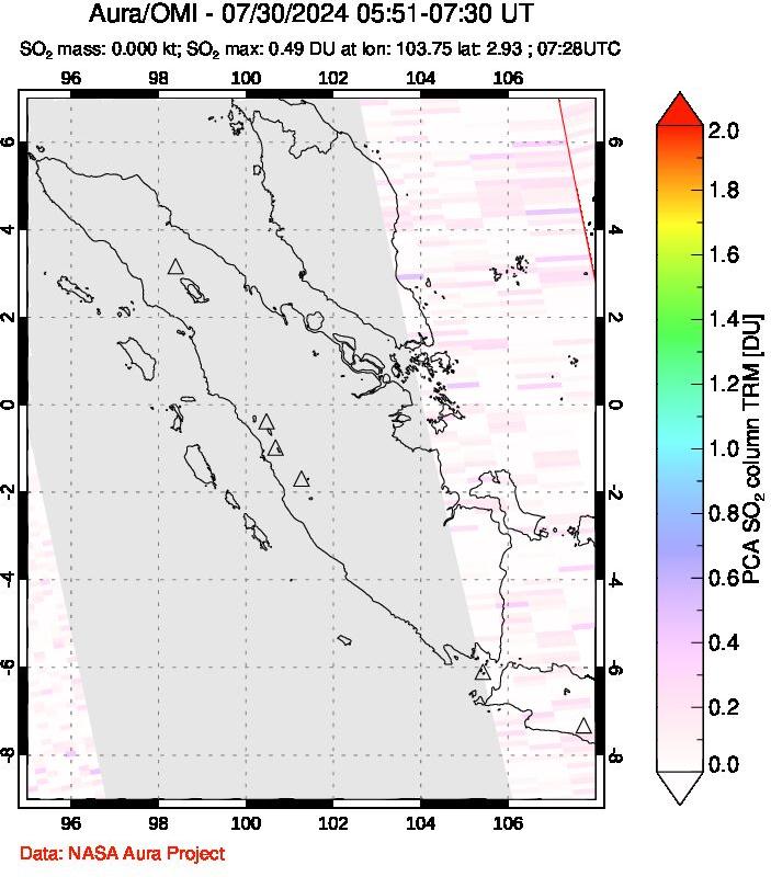 A sulfur dioxide image over Sumatra, Indonesia on Jul 30, 2024.