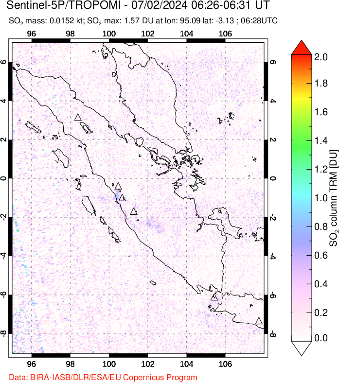 A sulfur dioxide image over Sumatra, Indonesia on Jul 02, 2024.