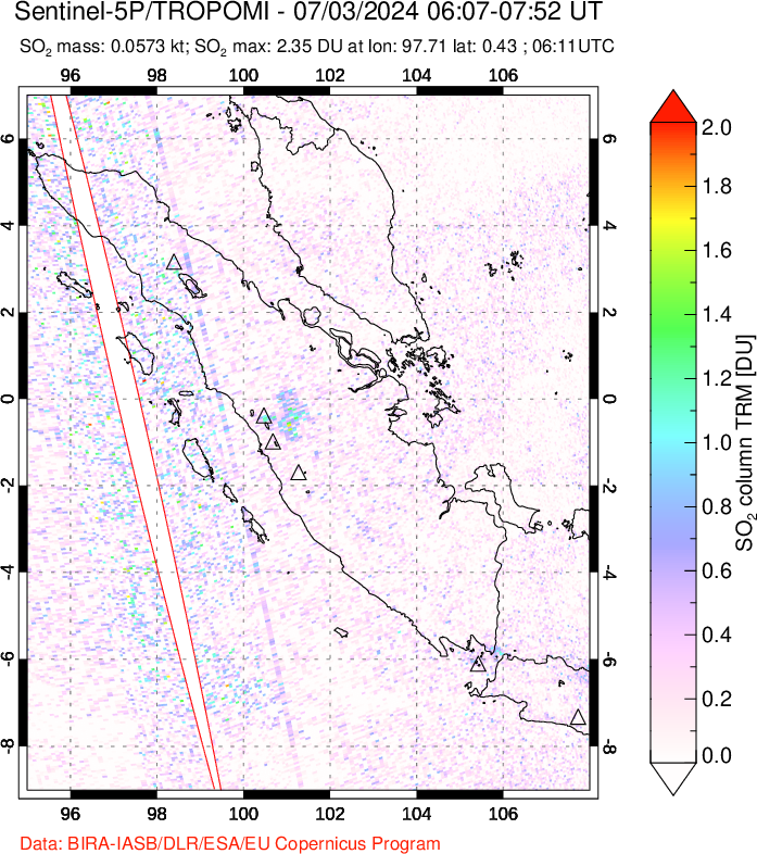 A sulfur dioxide image over Sumatra, Indonesia on Jul 03, 2024.