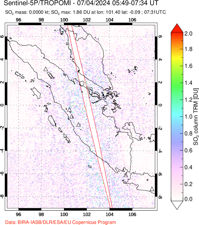 A sulfur dioxide image over Sumatra, Indonesia on Jul 04, 2024.