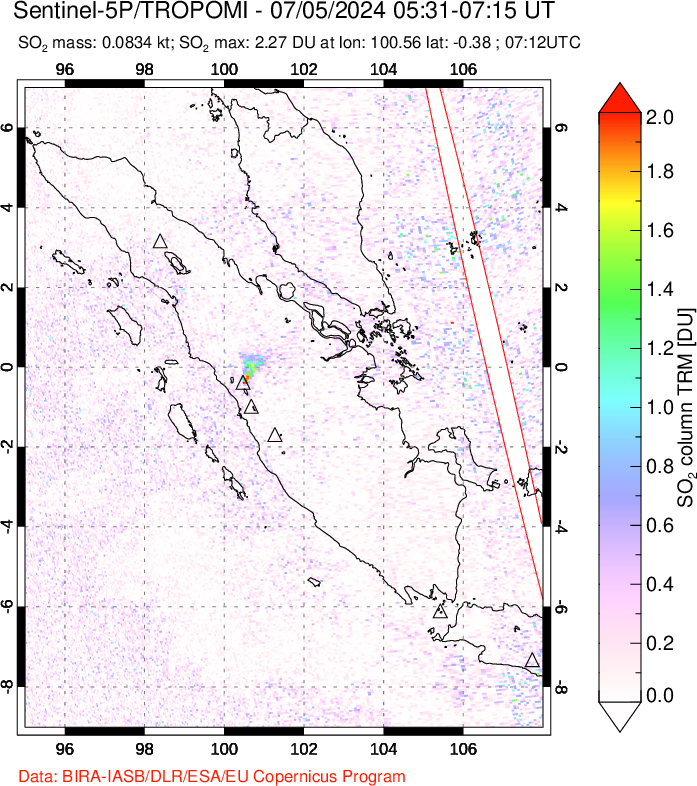 A sulfur dioxide image over Sumatra, Indonesia on Jul 05, 2024.