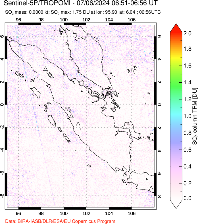 A sulfur dioxide image over Sumatra, Indonesia on Jul 06, 2024.