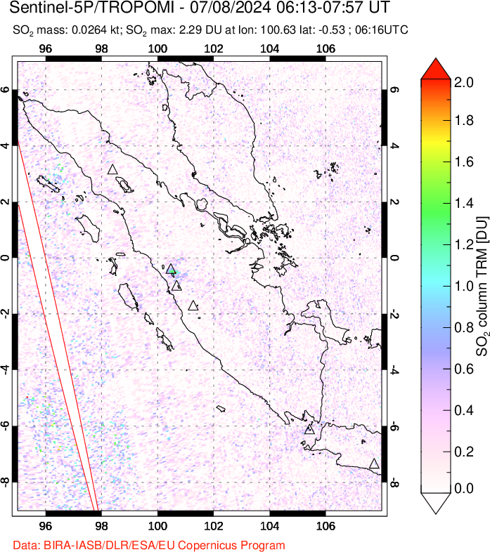 A sulfur dioxide image over Sumatra, Indonesia on Jul 08, 2024.