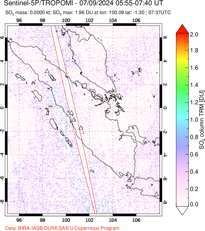 A sulfur dioxide image over Sumatra, Indonesia on Jul 09, 2024.