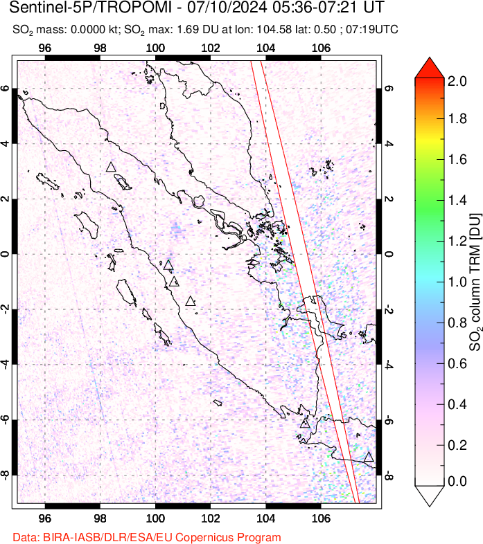 A sulfur dioxide image over Sumatra, Indonesia on Jul 10, 2024.