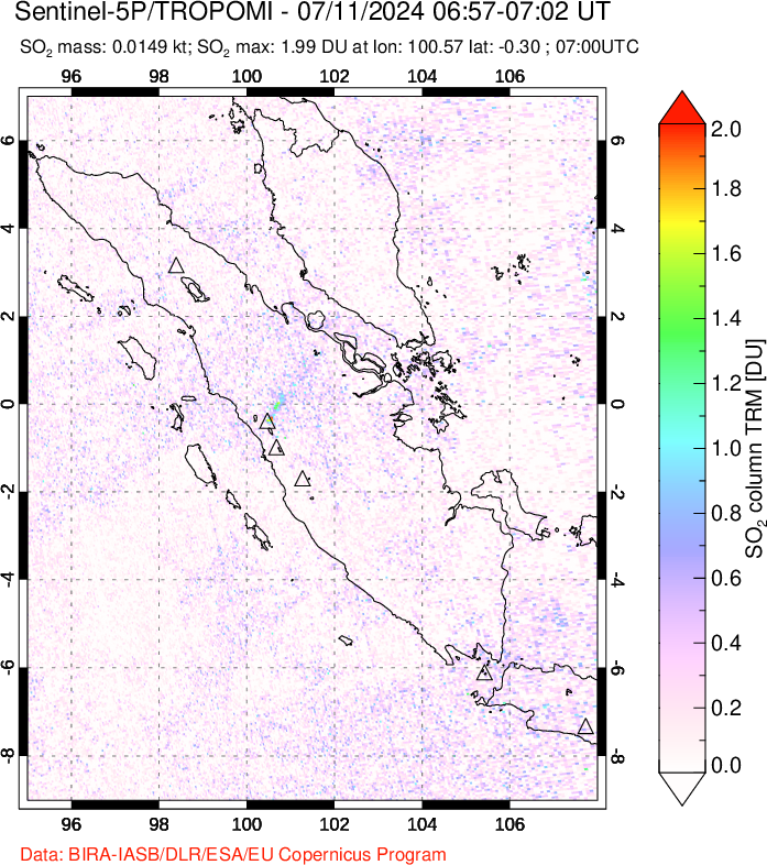 A sulfur dioxide image over Sumatra, Indonesia on Jul 11, 2024.