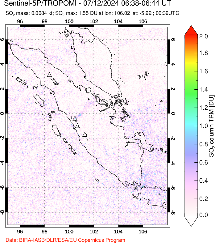 A sulfur dioxide image over Sumatra, Indonesia on Jul 12, 2024.