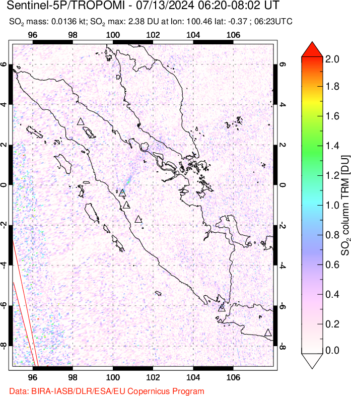 A sulfur dioxide image over Sumatra, Indonesia on Jul 13, 2024.