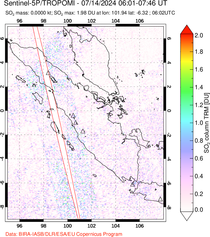 A sulfur dioxide image over Sumatra, Indonesia on Jul 14, 2024.