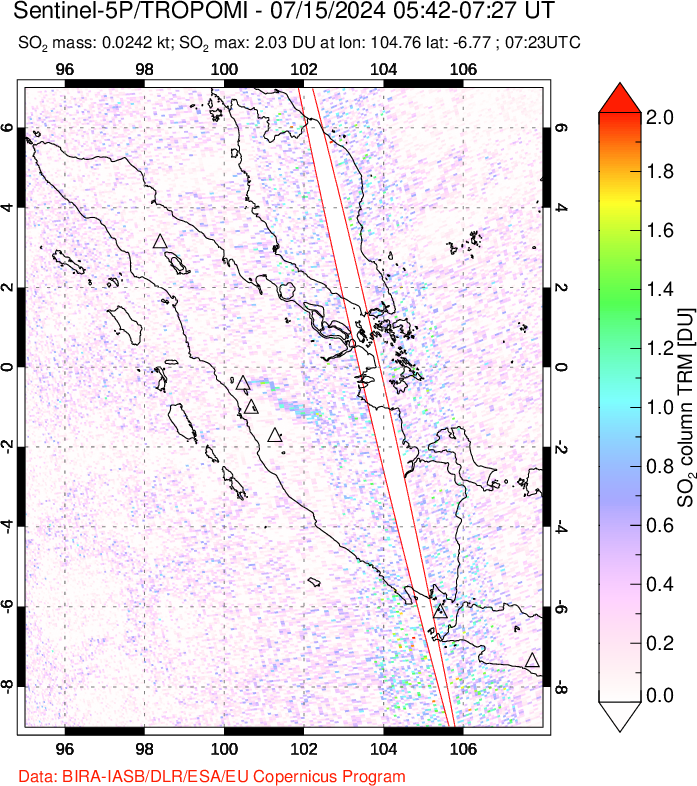 A sulfur dioxide image over Sumatra, Indonesia on Jul 15, 2024.