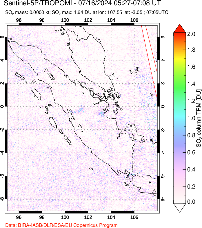 A sulfur dioxide image over Sumatra, Indonesia on Jul 16, 2024.