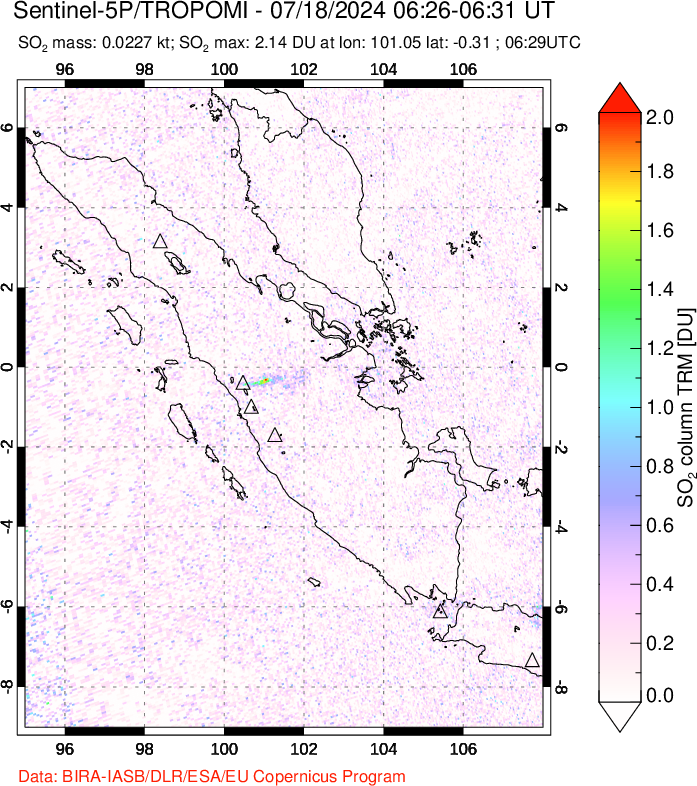 A sulfur dioxide image over Sumatra, Indonesia on Jul 18, 2024.