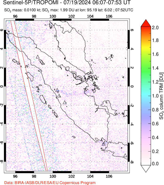 A sulfur dioxide image over Sumatra, Indonesia on Jul 19, 2024.