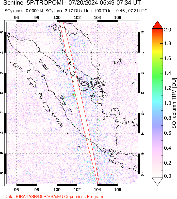 A sulfur dioxide image over Sumatra, Indonesia on Jul 20, 2024.