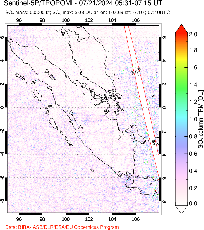 A sulfur dioxide image over Sumatra, Indonesia on Jul 21, 2024.