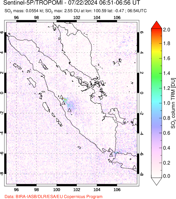 A sulfur dioxide image over Sumatra, Indonesia on Jul 22, 2024.