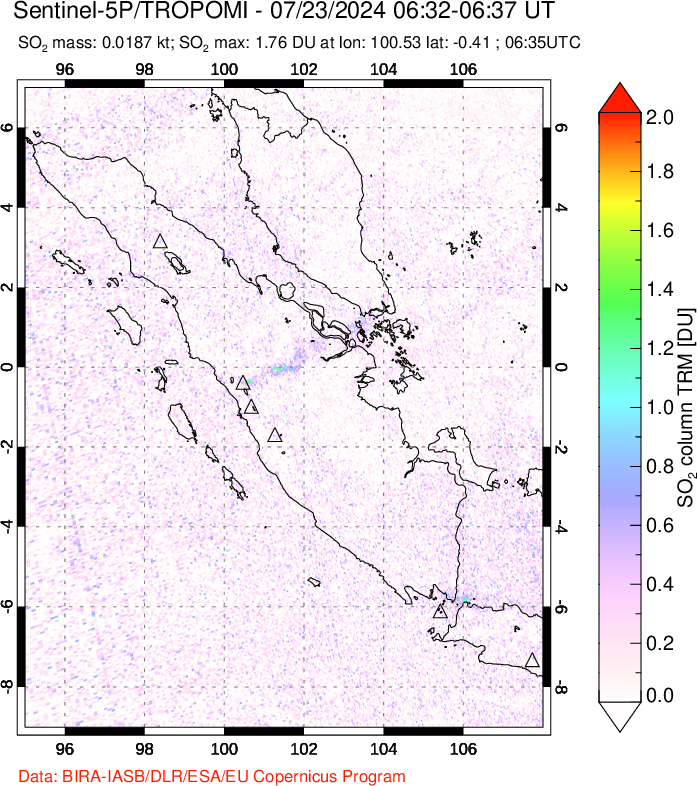 A sulfur dioxide image over Sumatra, Indonesia on Jul 23, 2024.