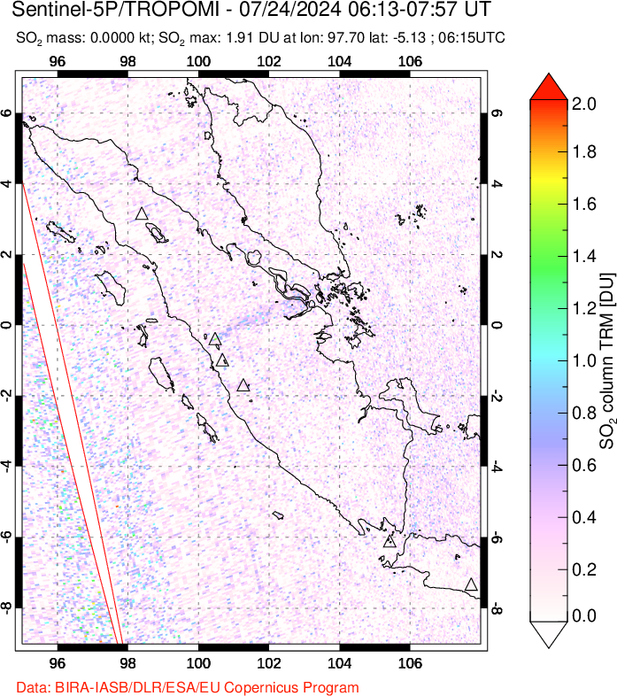 A sulfur dioxide image over Sumatra, Indonesia on Jul 24, 2024.