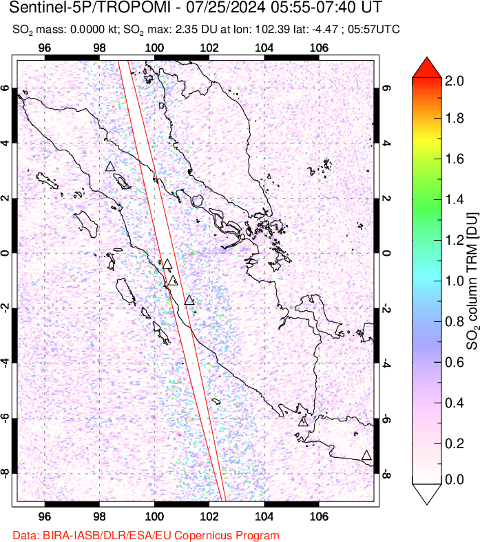 A sulfur dioxide image over Sumatra, Indonesia on Jul 25, 2024.