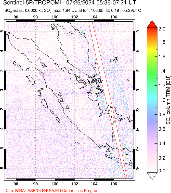 A sulfur dioxide image over Sumatra, Indonesia on Jul 26, 2024.