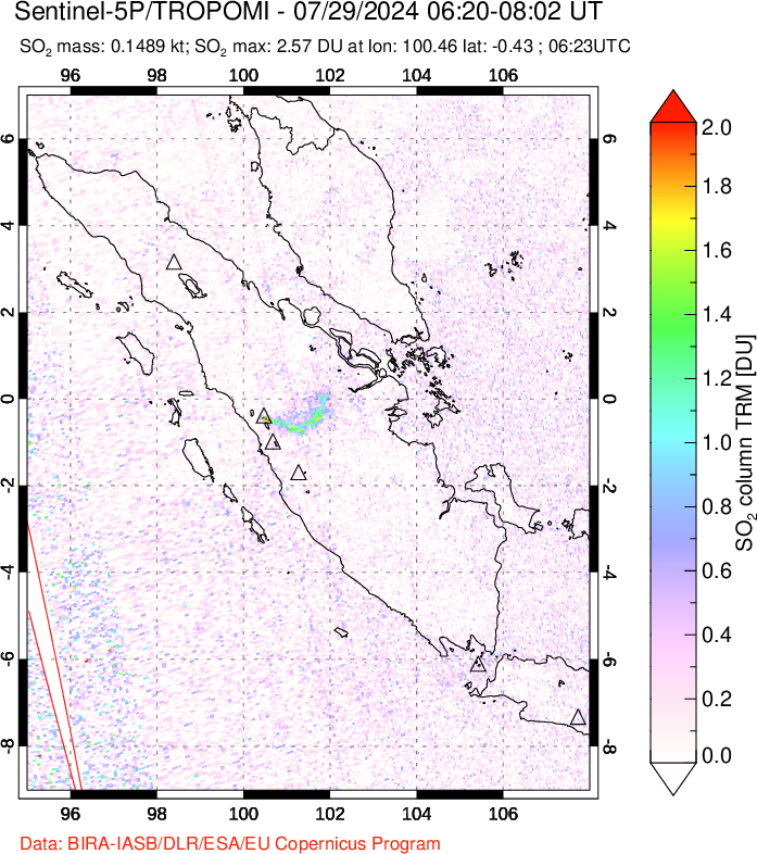 A sulfur dioxide image over Sumatra, Indonesia on Jul 29, 2024.