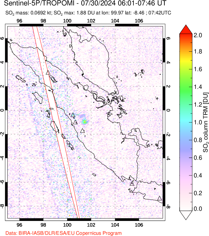 A sulfur dioxide image over Sumatra, Indonesia on Jul 30, 2024.