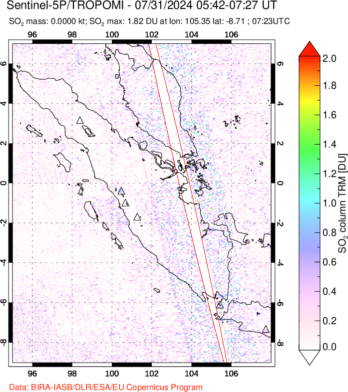 A sulfur dioxide image over Sumatra, Indonesia on Jul 31, 2024.